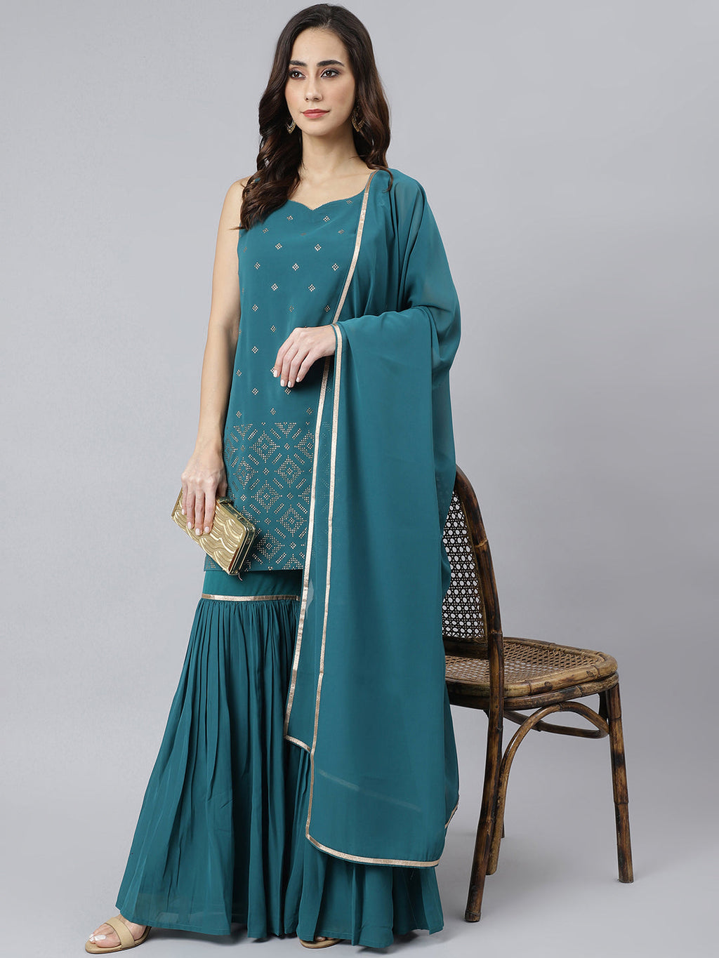 Janasya Women's Teal Georgette Embossed Gold Print Top With Gharara And Dupatta | Grocsy