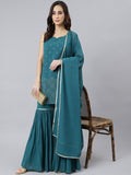 Janasya Women's Teal Georgette Embossed Gold Print Top With Gharara And Dupatta | Grocsy