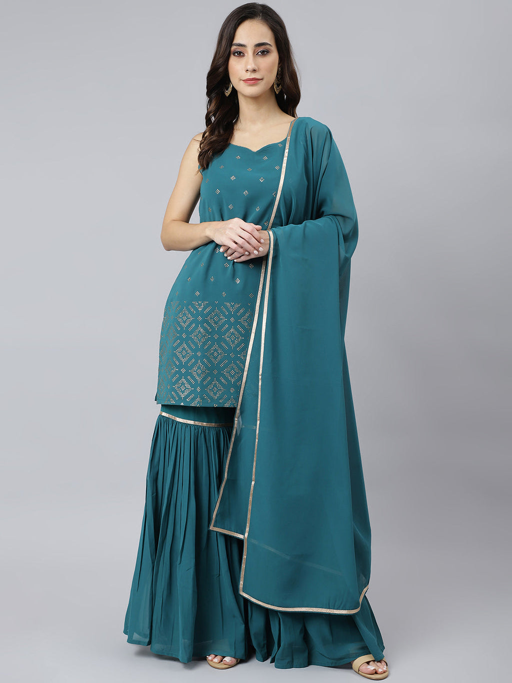 Janasya Women's Teal Georgette Embossed Gold Print Top With Gharara And Dupatta | Grocsy