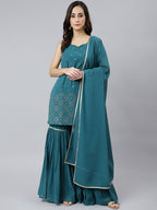Janasya Women's Teal Georgette Embossed Gold Print Top With Gharara And Dupatta | Grocsy