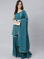 Janasya Women's Teal Georgette Embossed Gold Print Top With Gharara And Dupatta | Grocsy