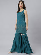 Janasya Women's Teal Georgette Embossed Gold Print Top With Gharara And Dupatta | Grocsy