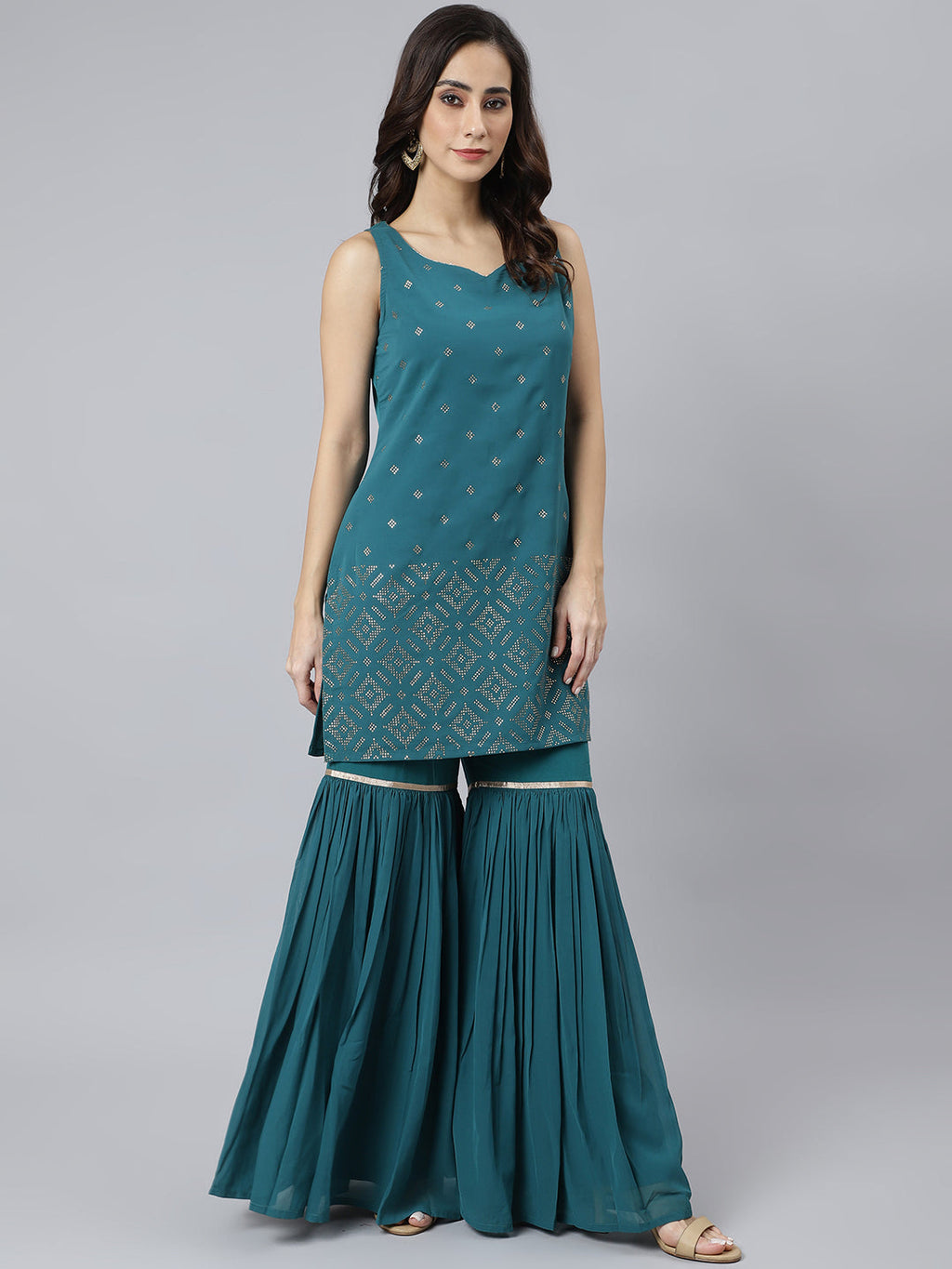Janasya Women's Teal Georgette Embossed Gold Print Top With Gharara And Dupatta | Grocsy