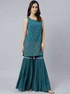 Janasya Women's Teal Georgette Embossed Gold Print Top With Gharara And Dupatta | Grocsy