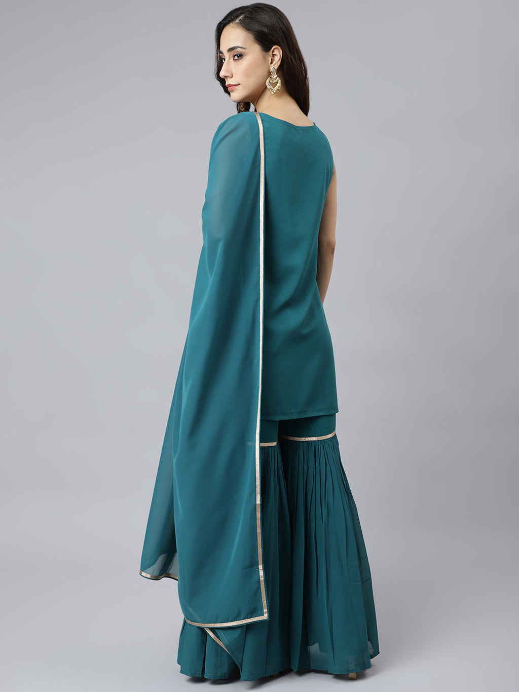 Janasya Women's Teal Georgette Embossed Gold Print Top With Gharara And Dupatta | Grocsy