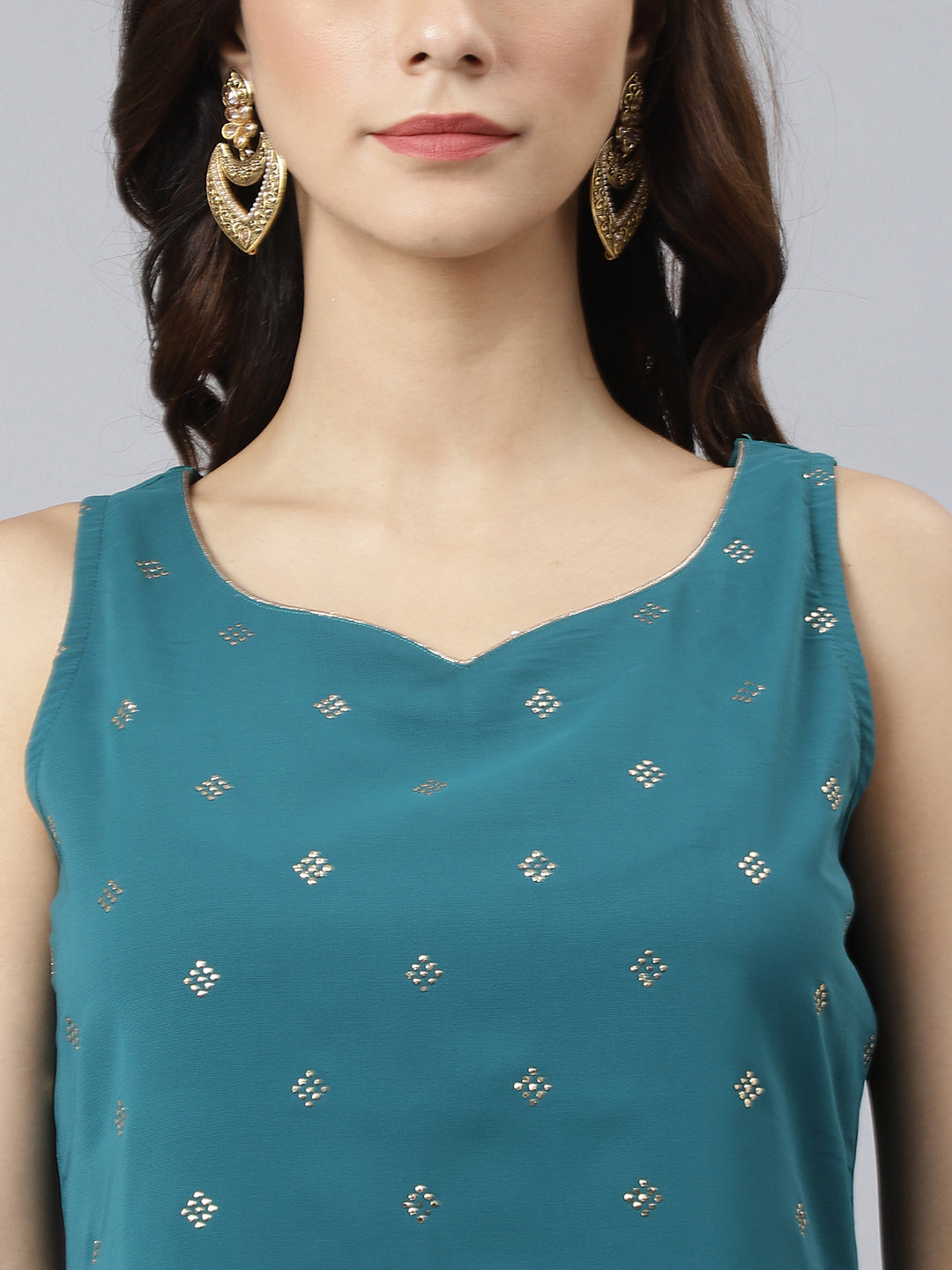 Janasya Women's Teal Georgette Embossed Gold Print Top With Gharara And Dupatta | Grocsy