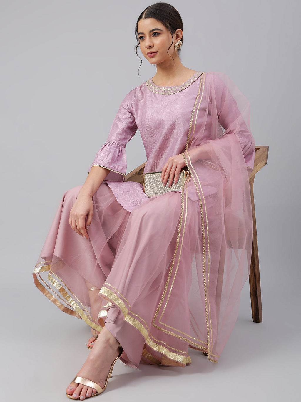 Janasya Women's Mauve Poly Silk Solid Kurta With Gharara And Dupatta | Grocsy