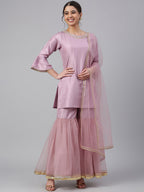 Janasya Women's Mauve Poly Silk Solid Kurta With Gharara And Dupatta | Grocsy