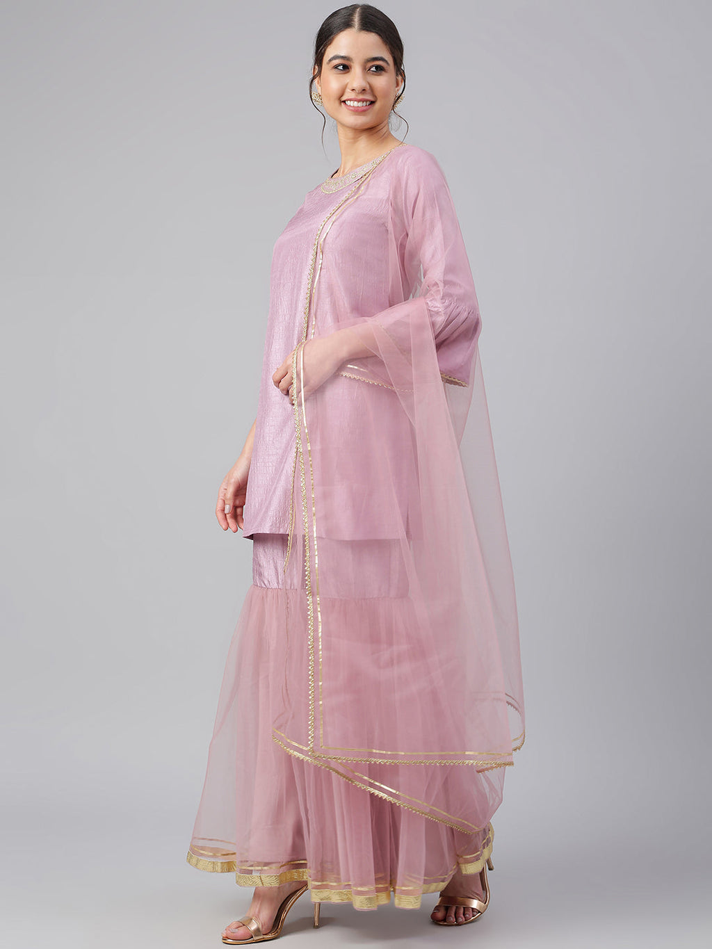 Janasya Women's Mauve Poly Silk Solid Kurta With Gharara And Dupatta | Grocsy