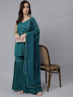 Janasya Women's Teal Green Crepe Gotta Lace Kurta With Sharara And Dupatta | Grocsy