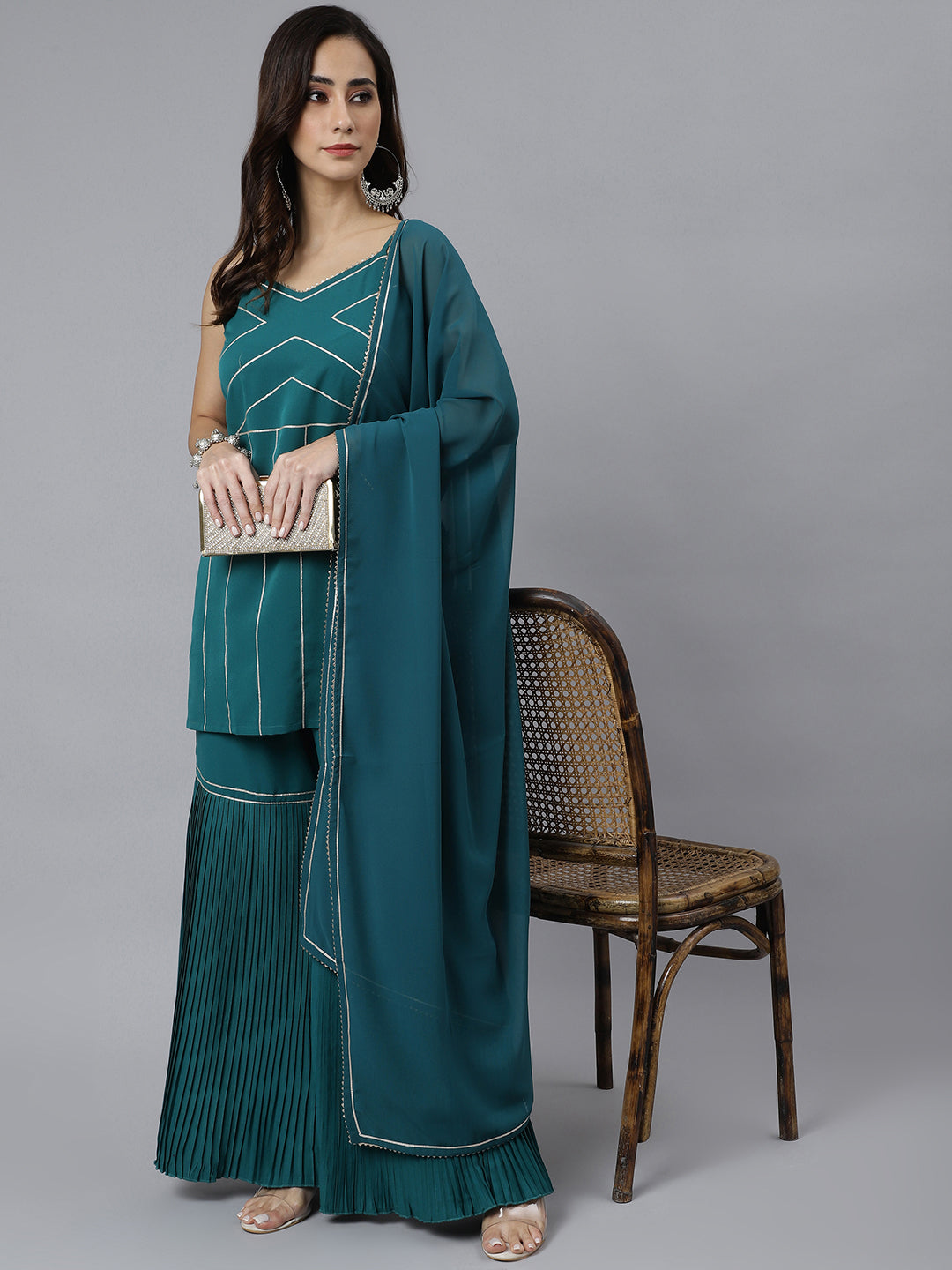 Janasya Women's Teal Green Crepe Gotta Lace Kurta With Sharara And Dupatta | Grocsy
