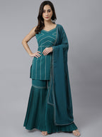 Janasya Women's Teal Green Crepe Gotta Lace Kurta With Sharara And Dupatta | Grocsy