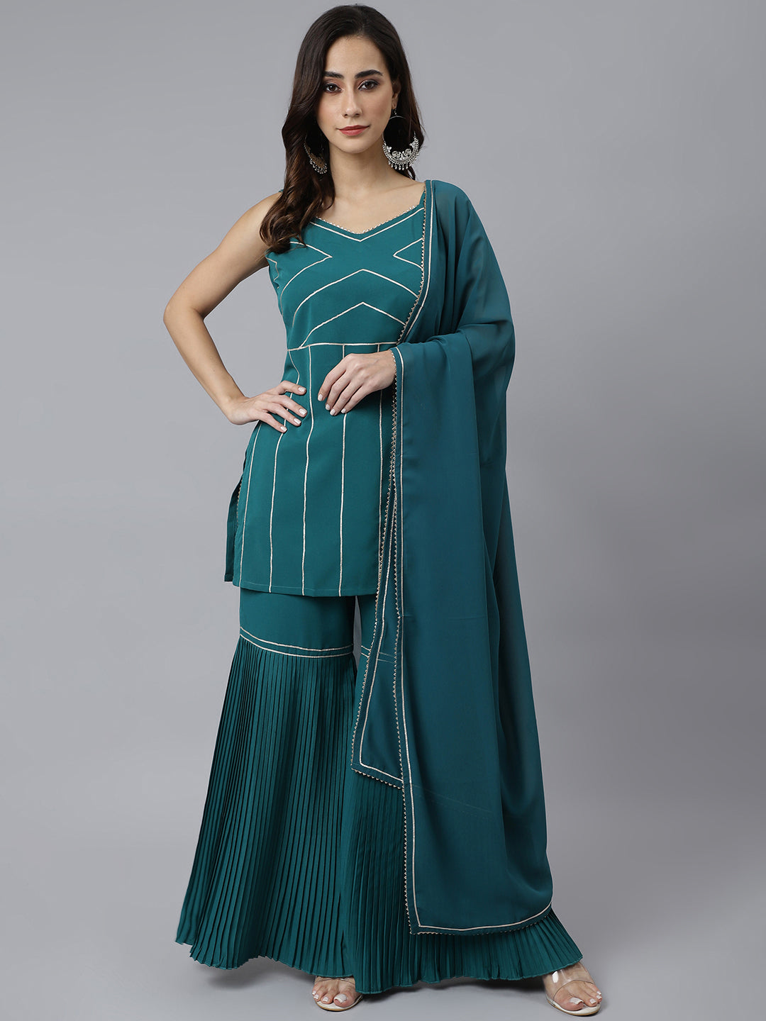 Janasya Women's Teal Green Crepe Gotta Lace Kurta With Sharara And Dupatta | Grocsy