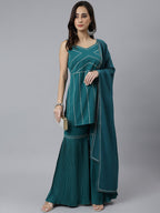 Janasya Women's Teal Green Crepe Gotta Lace Kurta With Sharara And Dupatta | Grocsy