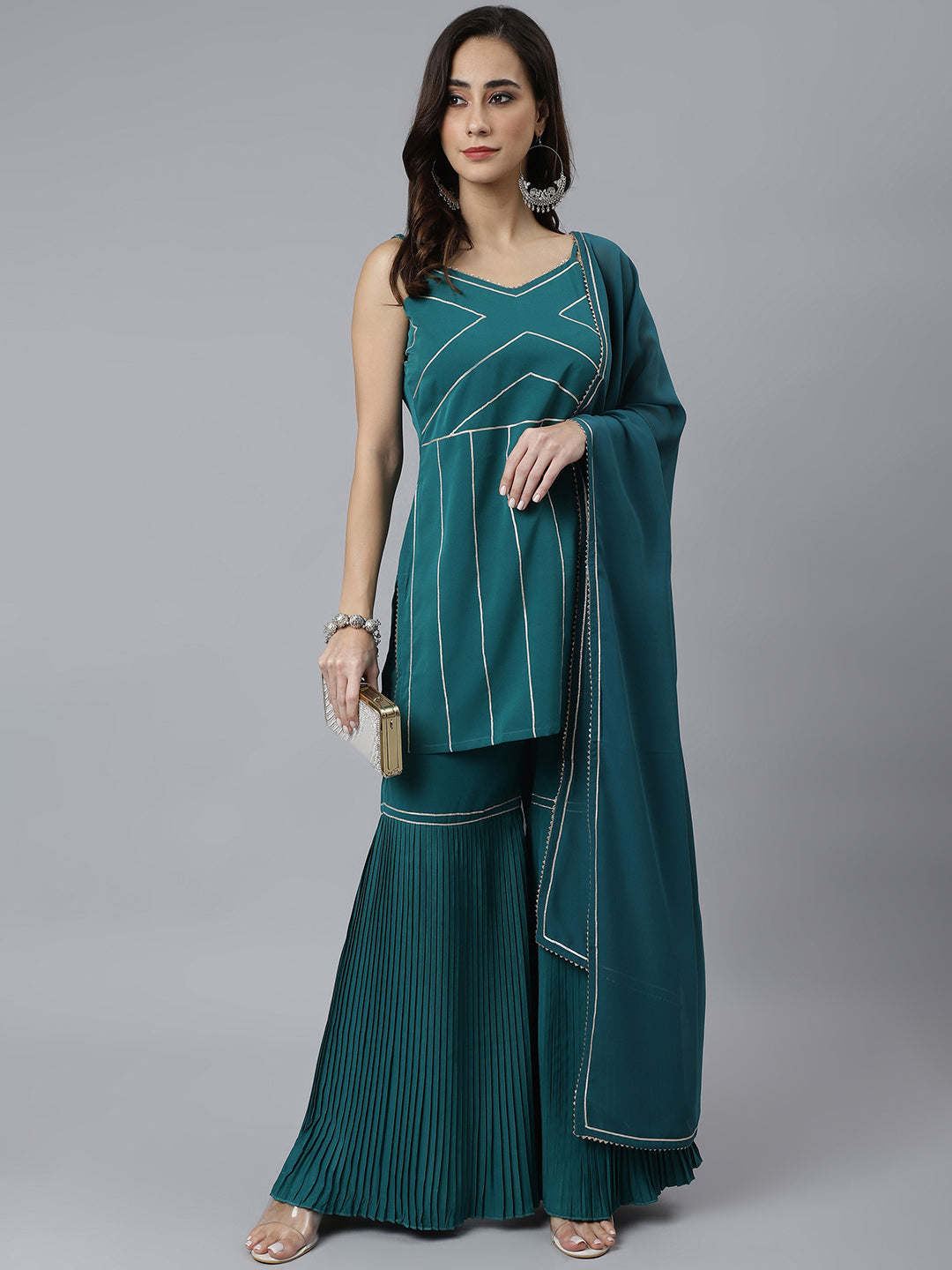 Janasya Women's Teal Green Crepe Gotta Lace Kurta With Sharara And Dupatta | Grocsy