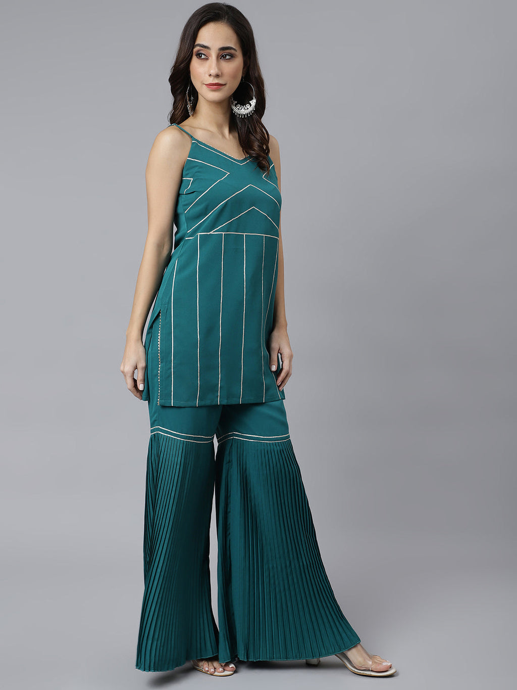 Janasya Women's Teal Green Crepe Gotta Lace Kurta With Sharara And Dupatta | Grocsy