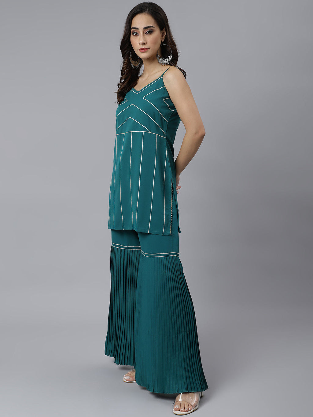 Janasya Women's Teal Green Crepe Gotta Lace Kurta With Sharara And Dupatta | Grocsy