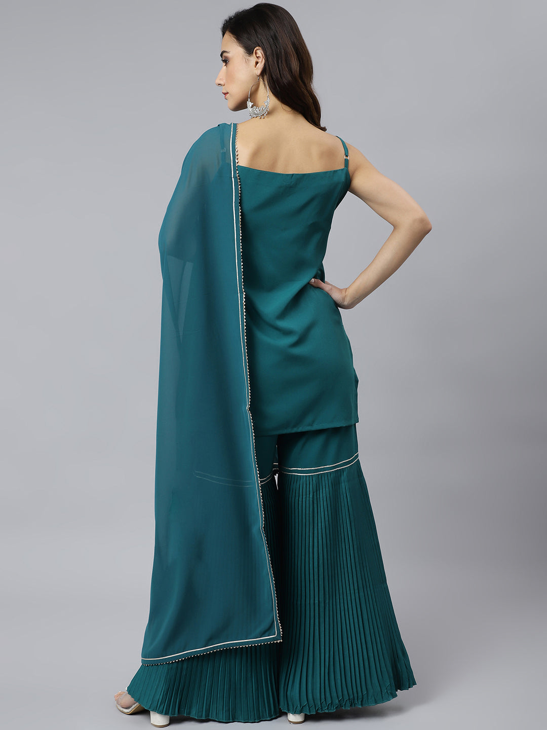 Janasya Women's Teal Green Crepe Gotta Lace Kurta With Sharara And Dupatta | Grocsy