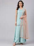 Janasya Women's Sea Green Poly Silk Embroidered Kurta With Sharara And Dupatta | Grocsy
