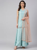 Janasya Women's Sea Green Poly Silk Embroidered Kurta With Sharara And Dupatta | Grocsy