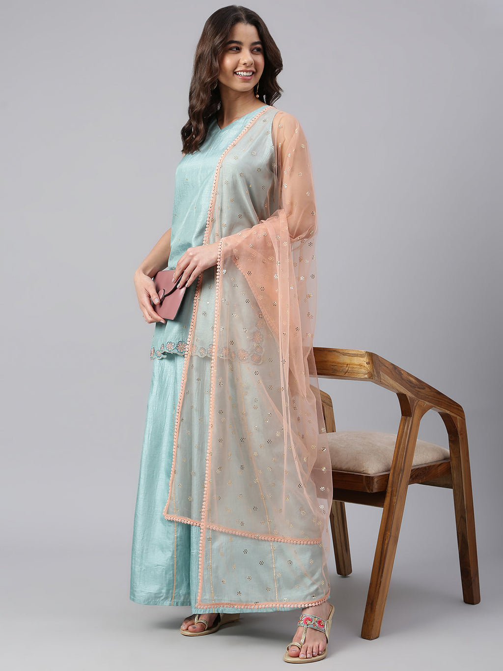 Janasya Women's Sea Green Poly Silk Embroidered Kurta With Sharara And Dupatta | Grocsy