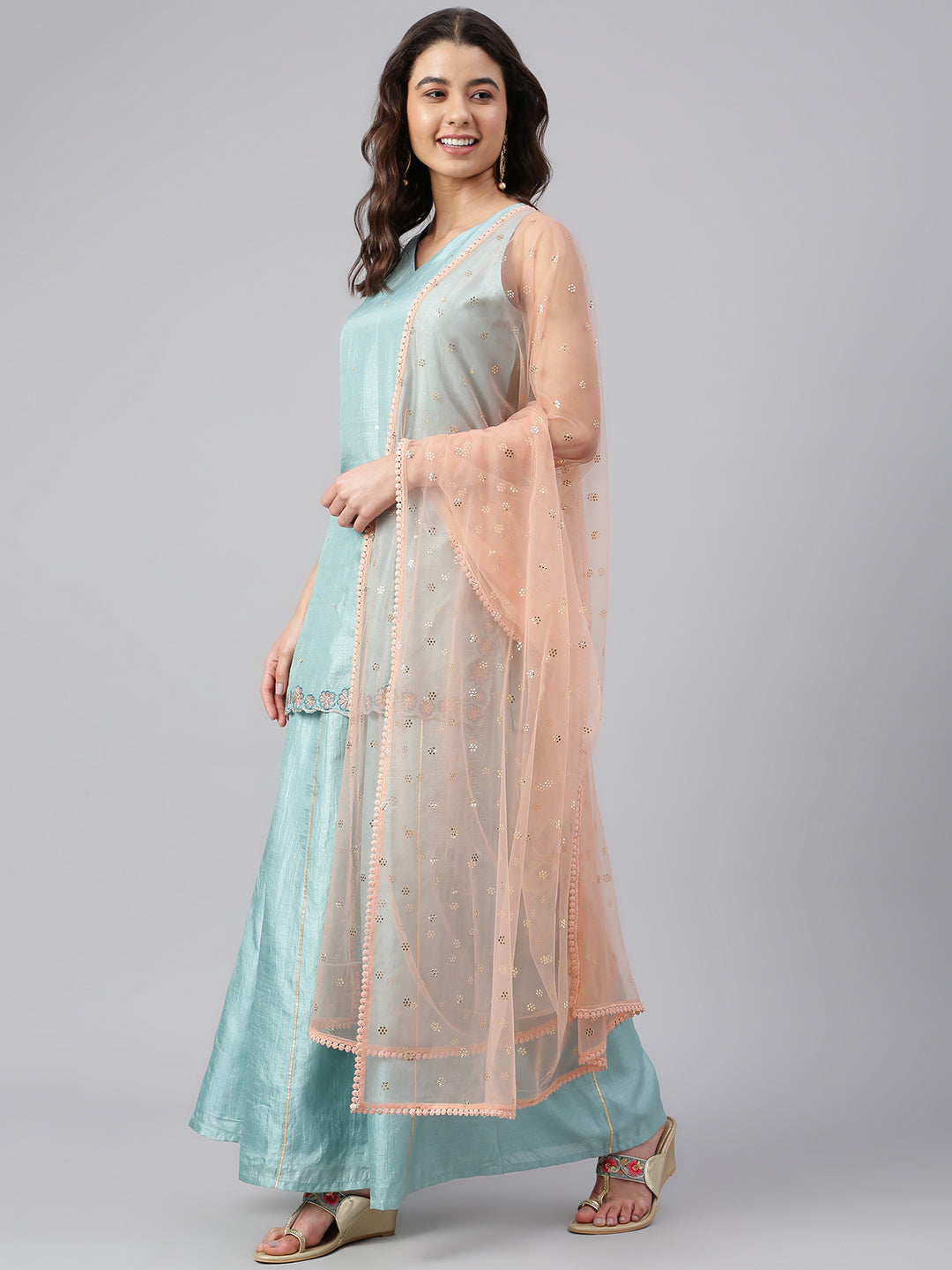 Janasya Women's Sea Green Poly Silk Embroidered Kurta With Sharara And Dupatta | Grocsy