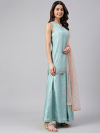 Janasya Women's Sea Green Poly Silk Embroidered Kurta With Sharara And Dupatta | Grocsy