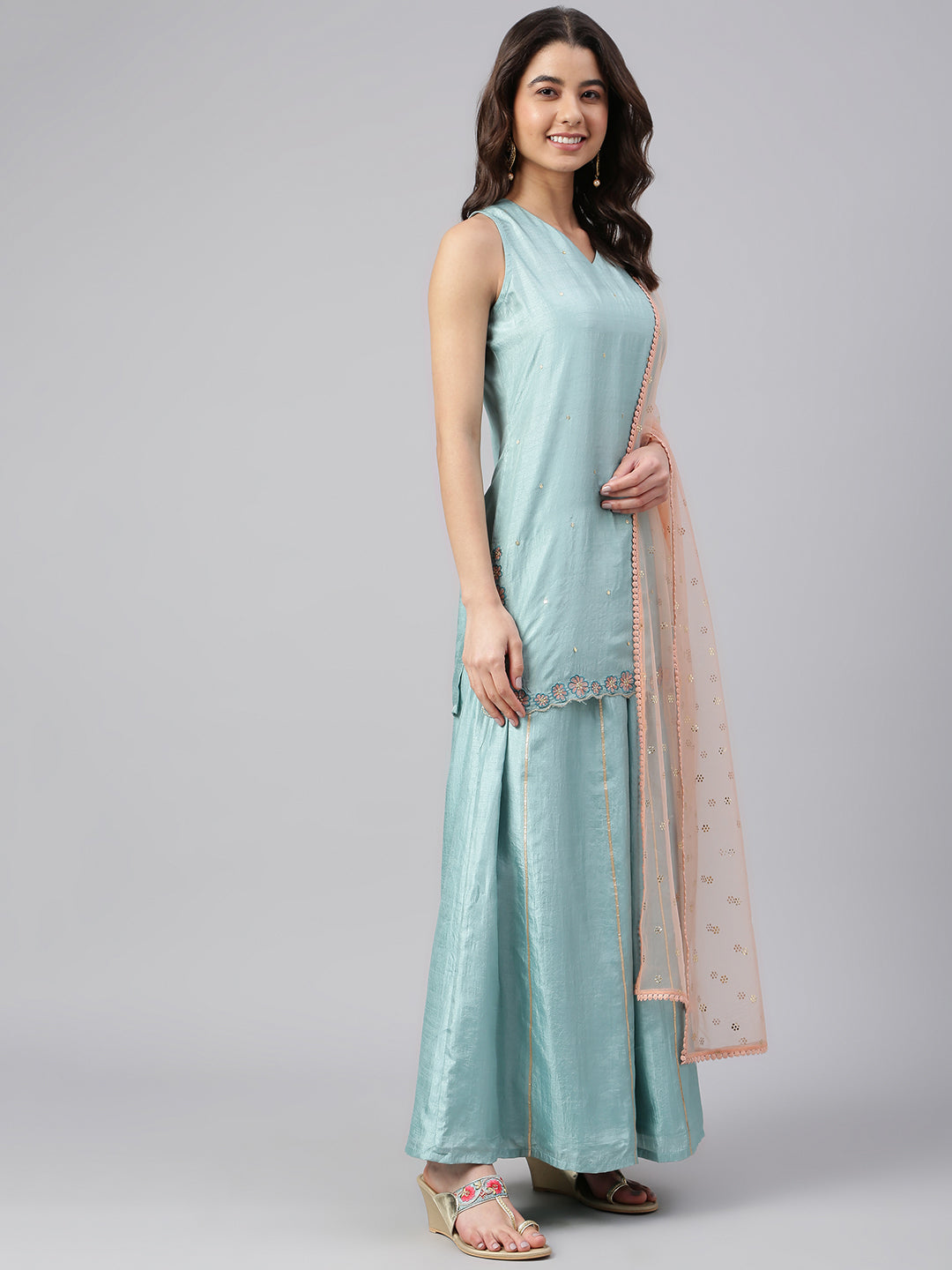 Janasya Women's Sea Green Poly Silk Embroidered Kurta With Sharara And Dupatta | Grocsy