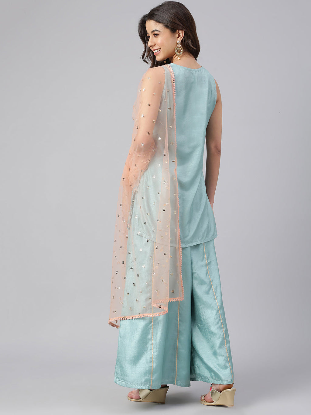Janasya Women's Sea Green Poly Silk Embroidered Kurta With Sharara And Dupatta | Grocsy