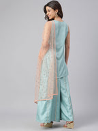 Janasya Women's Sea Green Poly Silk Embroidered Kurta With Sharara And Dupatta | Grocsy