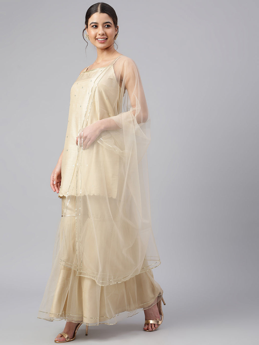 Janasya Women's Beige Poly Silk Embellished Kurta With Gharara And Dupatta | Grocsy