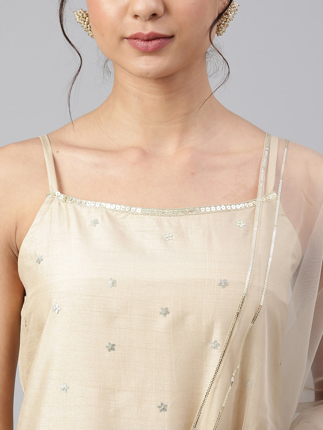 Janasya Women's Beige Poly Silk Embellished Kurta With Gharara And Dupatta | Grocsy
