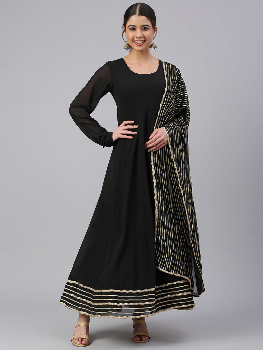 Janasya Women's Black Georgette Solid Kurta With Dupatta | Grocsy