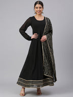 Janasya Women's Black Georgette Solid Kurta With Dupatta | Grocsy
