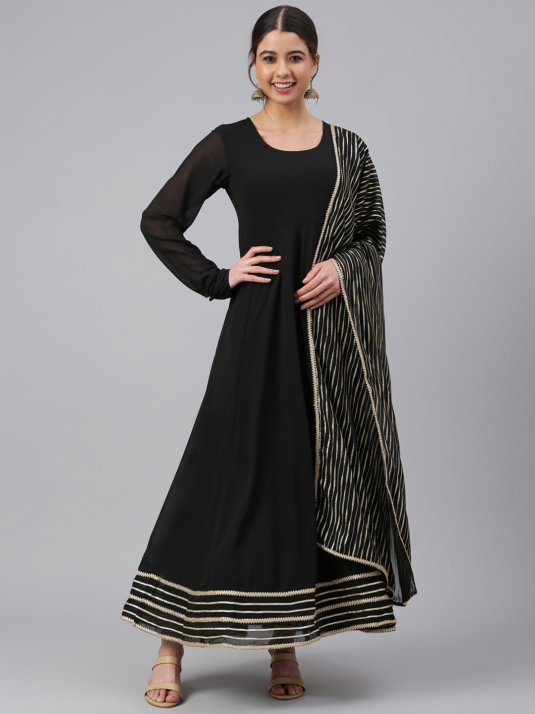 Janasya Women's Black Georgette Solid Kurta With Dupatta | Grocsy