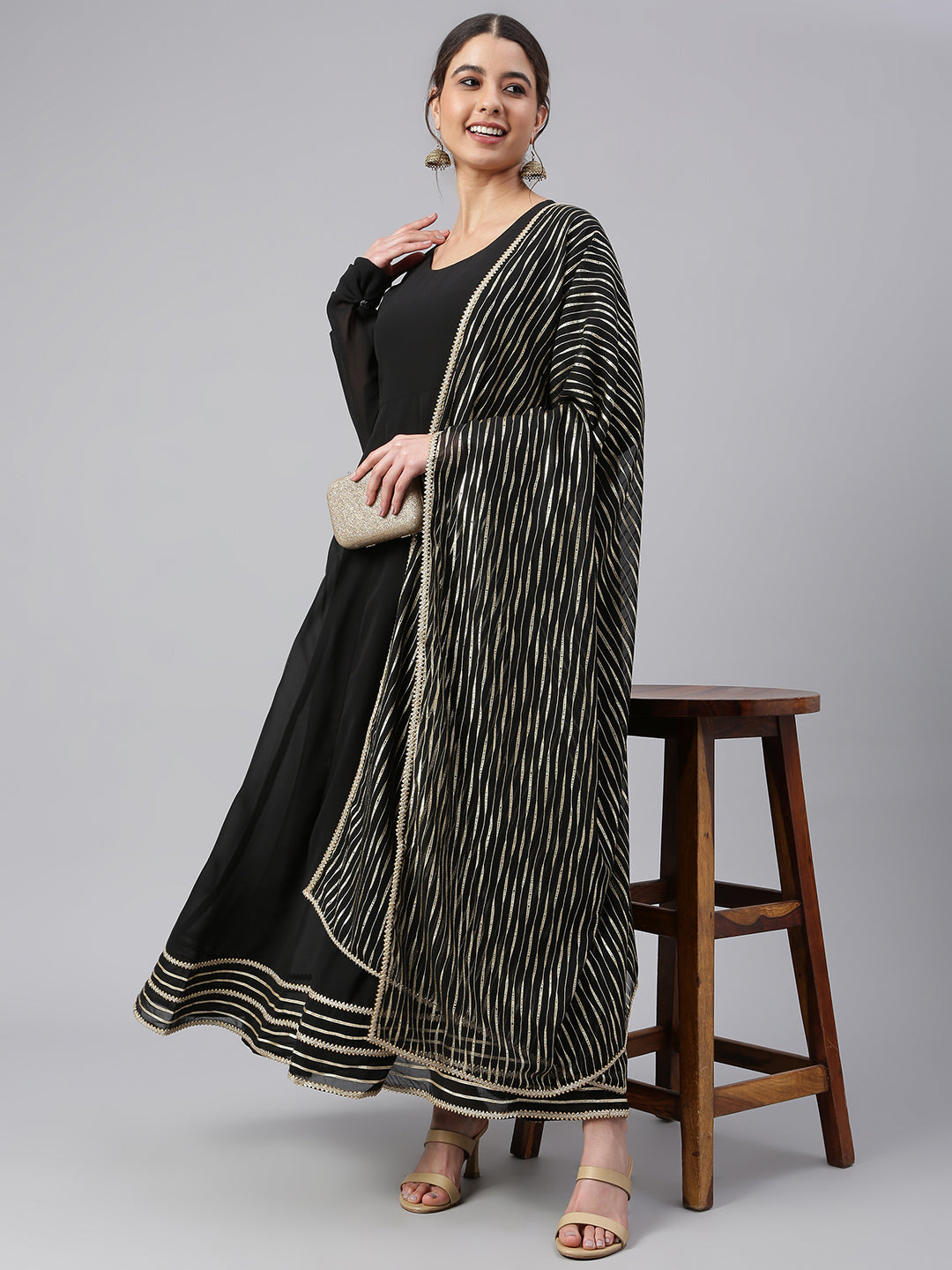 Janasya Women's Black Georgette Solid Kurta With Dupatta | Grocsy