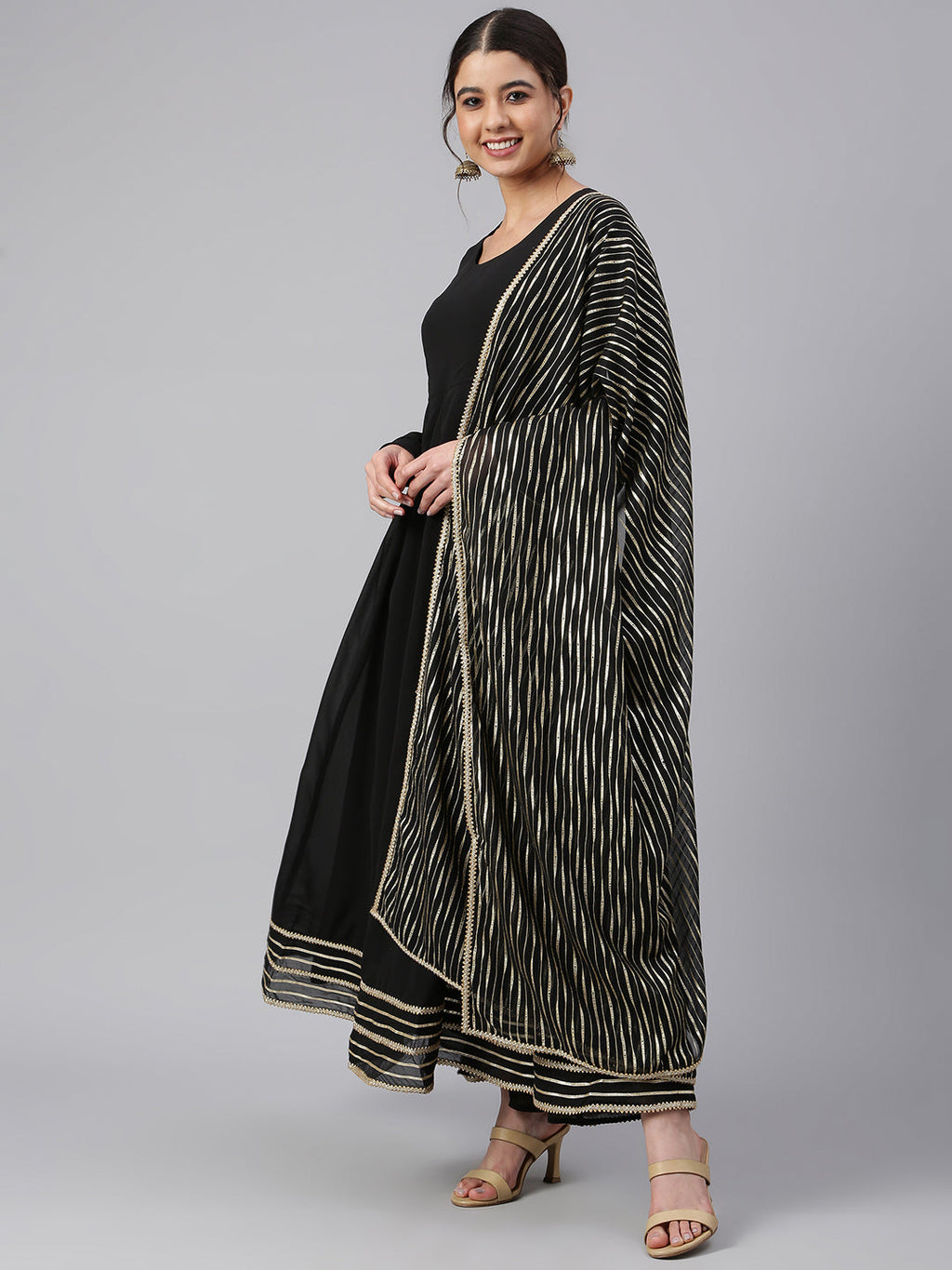 Janasya Women's Black Georgette Solid Kurta With Dupatta | Grocsy