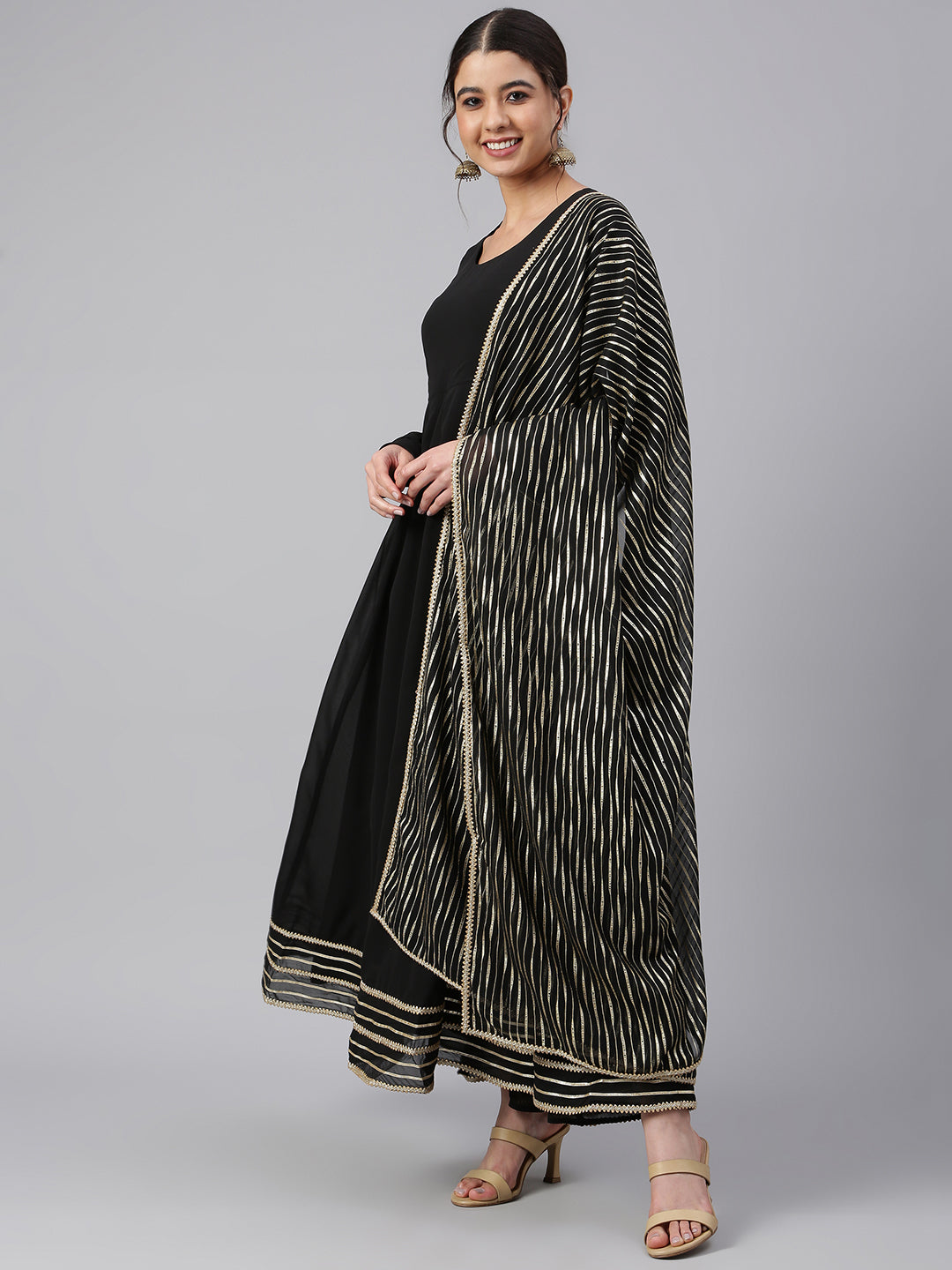 Janasya Women's Black Georgette Solid Kurta With Dupatta | Grocsy