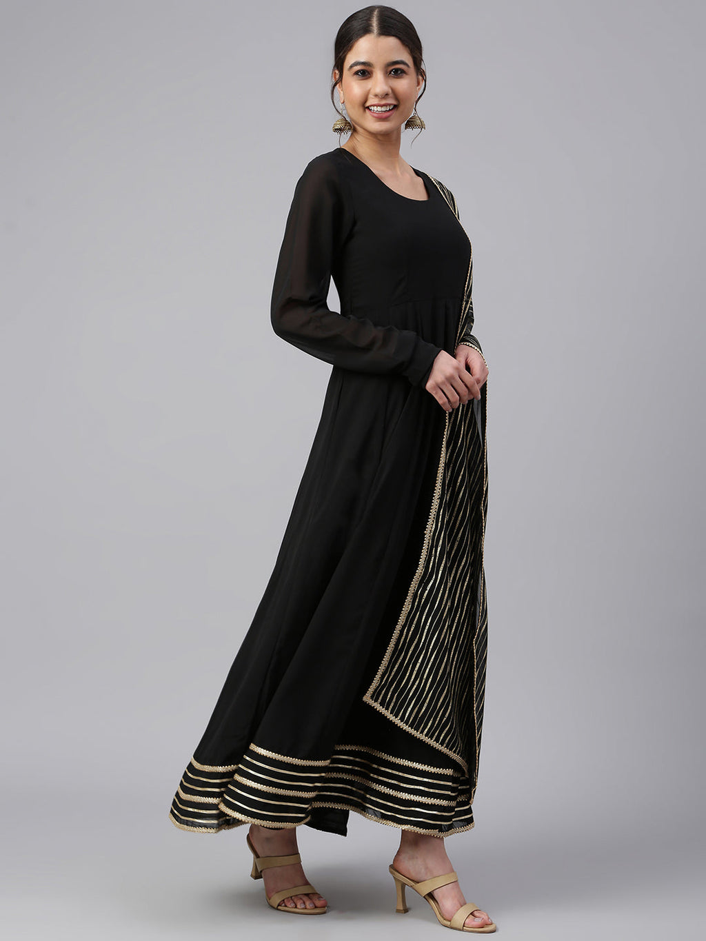 Janasya Women's Black Georgette Solid Kurta With Dupatta | Grocsy