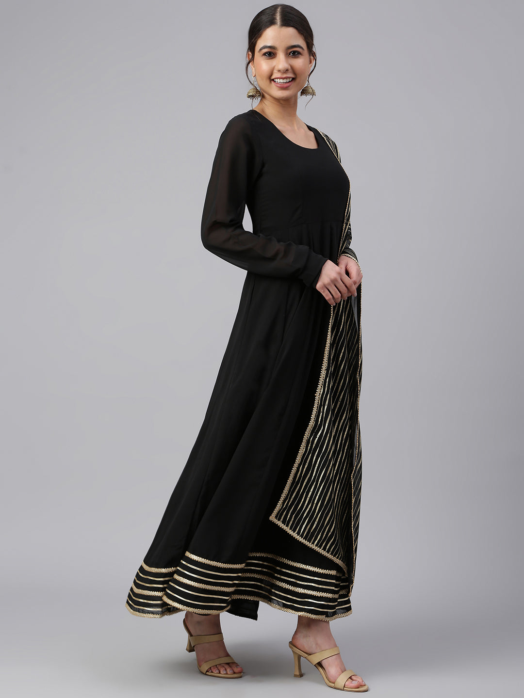 Janasya Women's Black Georgette Solid Kurta With Dupatta | Grocsy