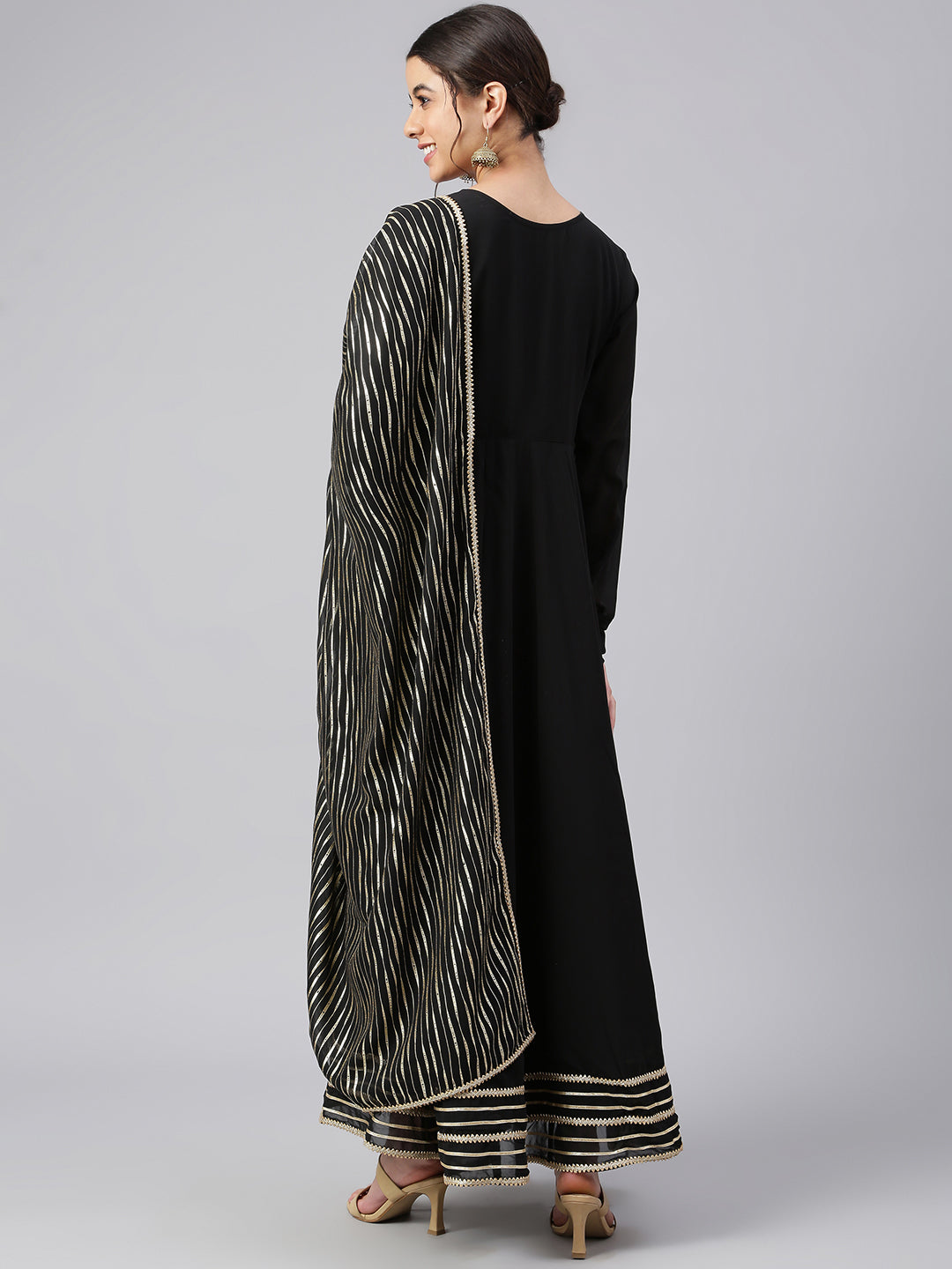 Janasya Women's Black Georgette Solid Kurta With Dupatta | Grocsy