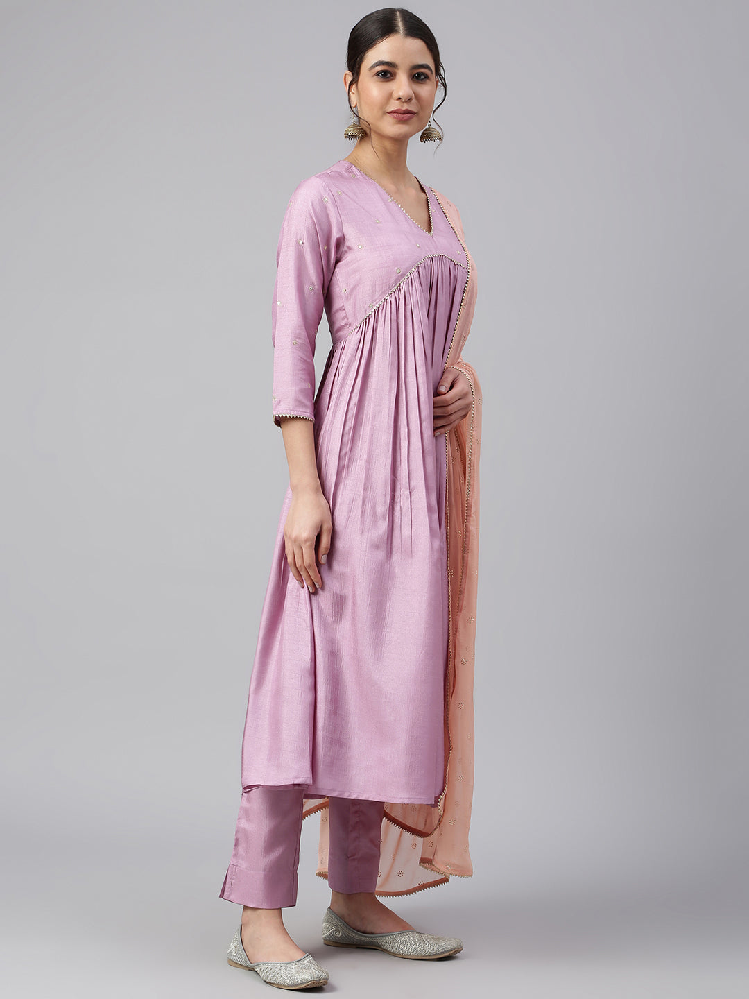 Janasya Women's Mauve Poly Silk Solid Kurta With Pant And Dupatta | Grocsy