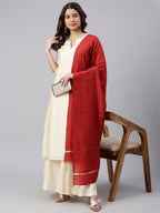 Janasya Women's Beige Chanderi Silk Woven Kurta With Palazzo And Dupatta | Grocsy