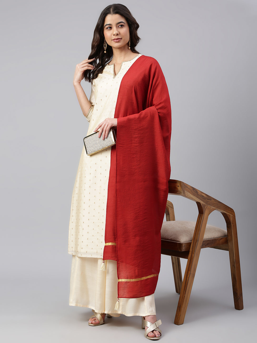 Janasya Women's Beige Chanderi Silk Woven Kurta With Palazzo And Dupatta | Grocsy