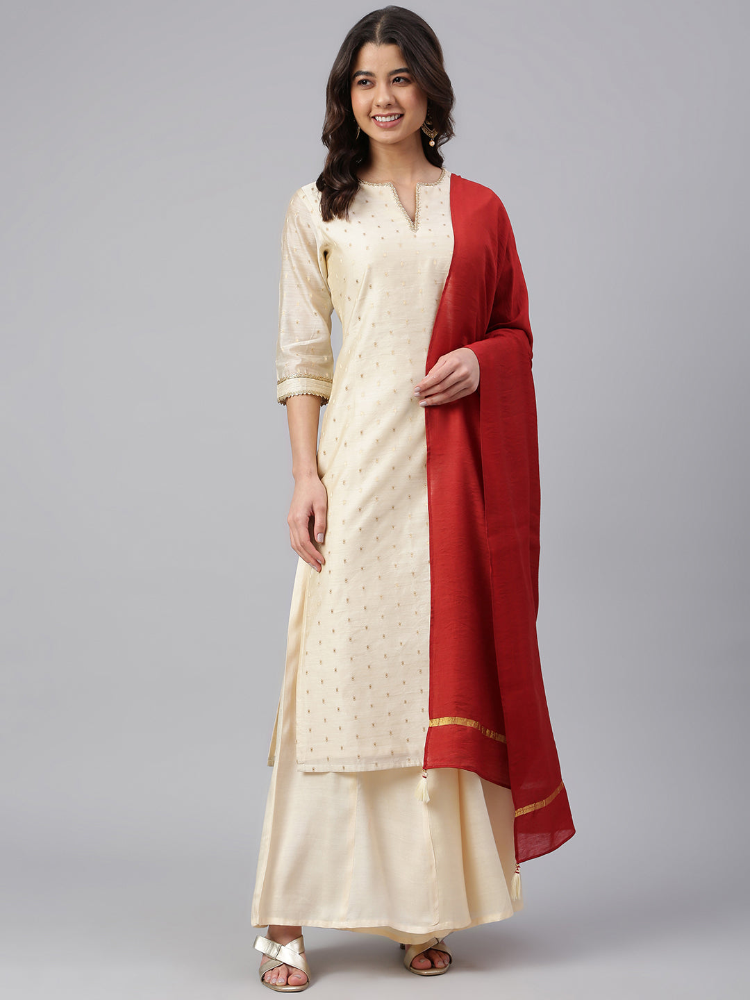 Janasya Women's Beige Chanderi Silk Woven Kurta With Palazzo And Dupatta | Grocsy