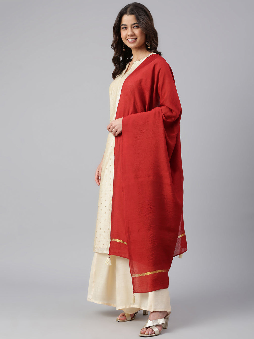 Janasya Women's Beige Chanderi Silk Woven Kurta With Palazzo And Dupatta | Grocsy