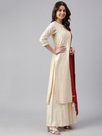 Janasya Women's Beige Chanderi Silk Woven Kurta With Palazzo And Dupatta | Grocsy