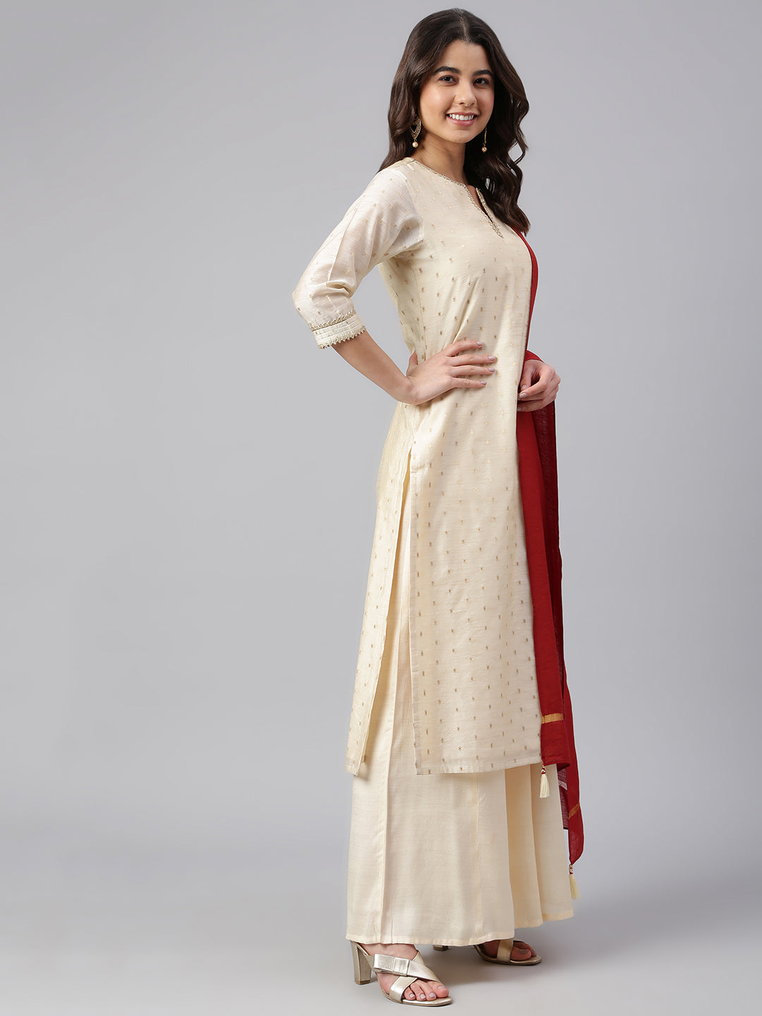 Janasya Women's Beige Chanderi Silk Woven Kurta With Palazzo And Dupatta | Grocsy