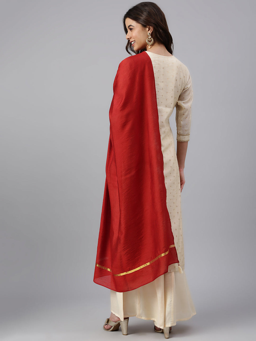 Janasya Women's Beige Chanderi Silk Woven Kurta With Palazzo And Dupatta | Grocsy