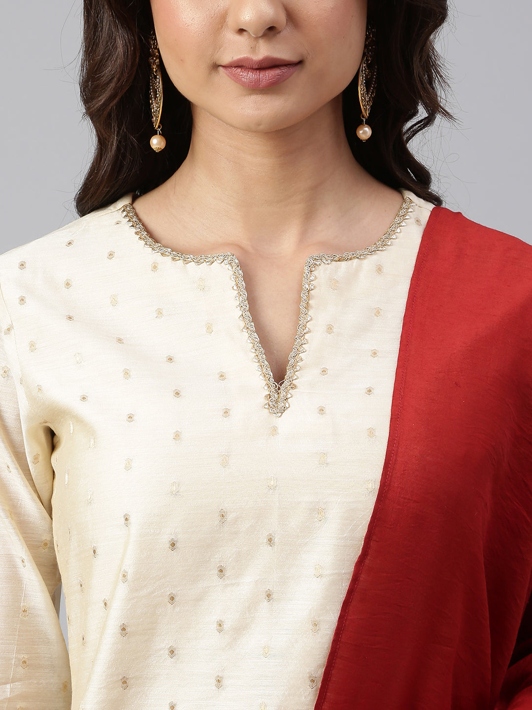 Janasya Women's Beige Chanderi Silk Woven Kurta With Palazzo And Dupatta | Grocsy